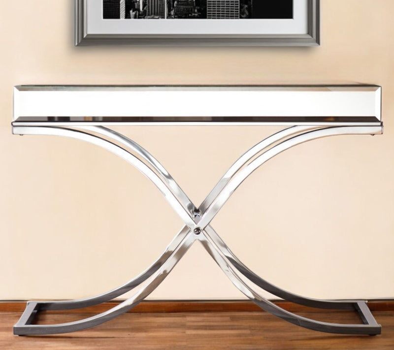 Mirrored Glass Cross Console Table - Silver