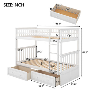 Twin over Twin Bunk Bed with Drawers, Convertible Beds, White(Old SKU: SM000240AAK-1)