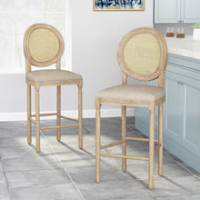 Load image into Gallery viewer, Country Chic Bar Stools (Set of 2) With Rattan Backrest And Upholstered Seat - Beige / Natural
