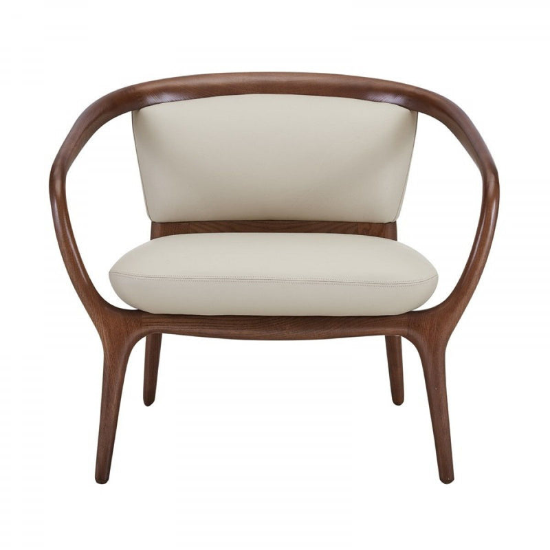 Faux Leather And Walnut Solid Color Lounge Chair - Beige