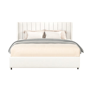 Anda Queen Size Ivory Boucle Upholstered Platform Bed with Patented 4 Drawers Storage, Tufted Headboard, Wooden Slat Mattress Support, No Box Spring Needed.