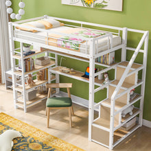 Load image into Gallery viewer, Twin Size Loft Bed With Built In Desk, Staircase Storage &amp; 4 Tier Shelves - White
