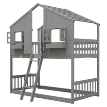 Load image into Gallery viewer, Twin over Twin House Bunk Bed with Roof , Window, Window  Box, Door , with Safety Guardrails and Ladder, Grey
