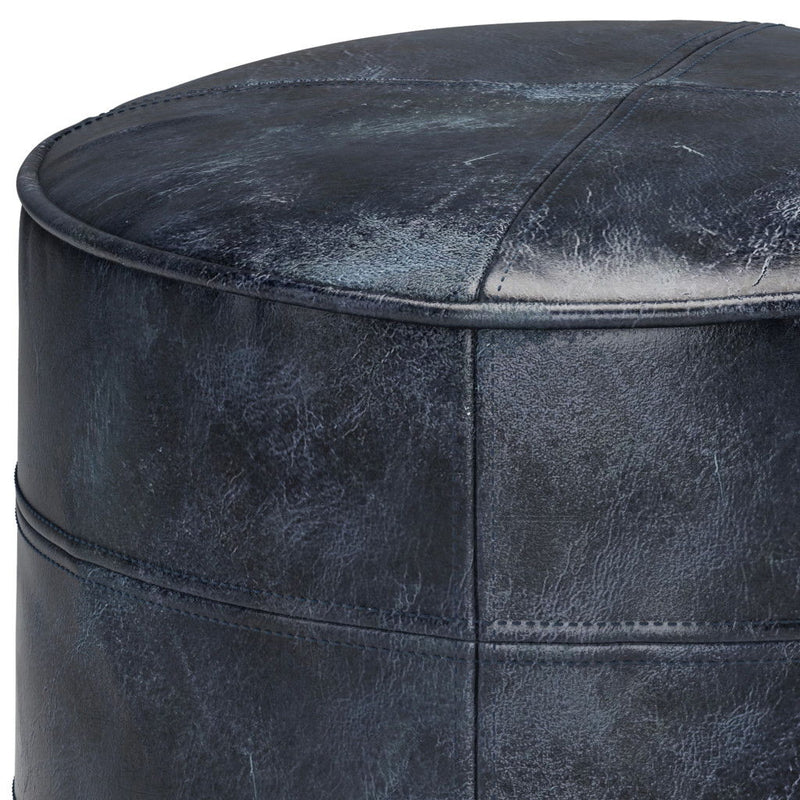 Leather Round Pouf Ottoman - Blue