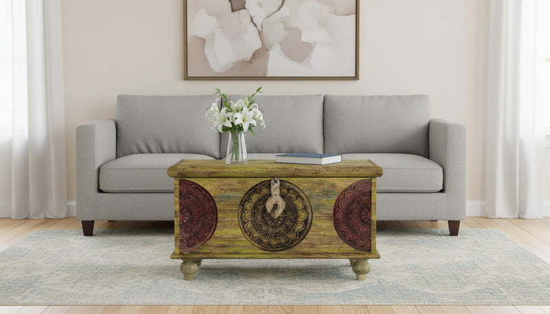Mesa Carved Wooden Trunk Coffee Table - Green and Red