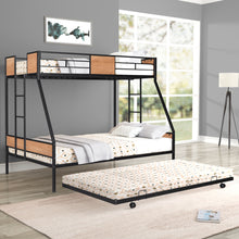 Load image into Gallery viewer, Metal Twin over Full Bunk Bed with Trundle/ Heavy-duty Sturdy Metal/ Noise Reduced/ Safety Guardrail/ Wooden Decoration/ Convenient Trundle / Bunk Bed for Three/ CPC Certified/ No Box Spring Needed
