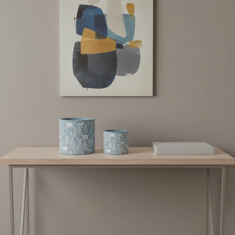 Abstract Round Pot Planters (Set of 2) - Blue / White