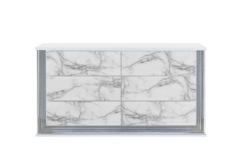 61" Faux Marble And Wood Lighted Six Drawer Double Dresser - White