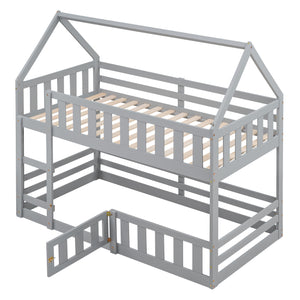 Twin over Twin House Bunk Bed with Fence and Door, Gray