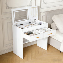 Load image into Gallery viewer, Flip Top Vanity Desk With LED Mirror &amp; Outlet Makeup Table With 2 Drawers, Open Storage, And Jewelry Hooks - White
