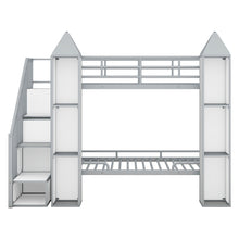 Load image into Gallery viewer, Metal Twin over Twin Castle-shaped Bunk Bed with Wardrobe and Multiple Storage, Gray+White
