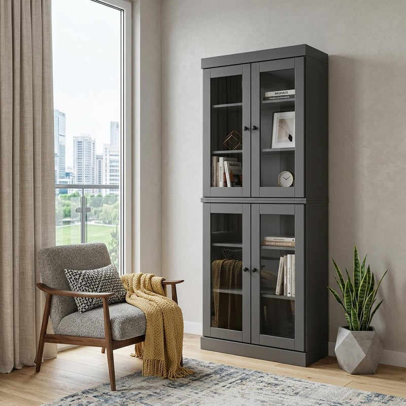 Solid Wood Adjustable Six Tier Library Bookcase With Four Doors (745690) - Gray