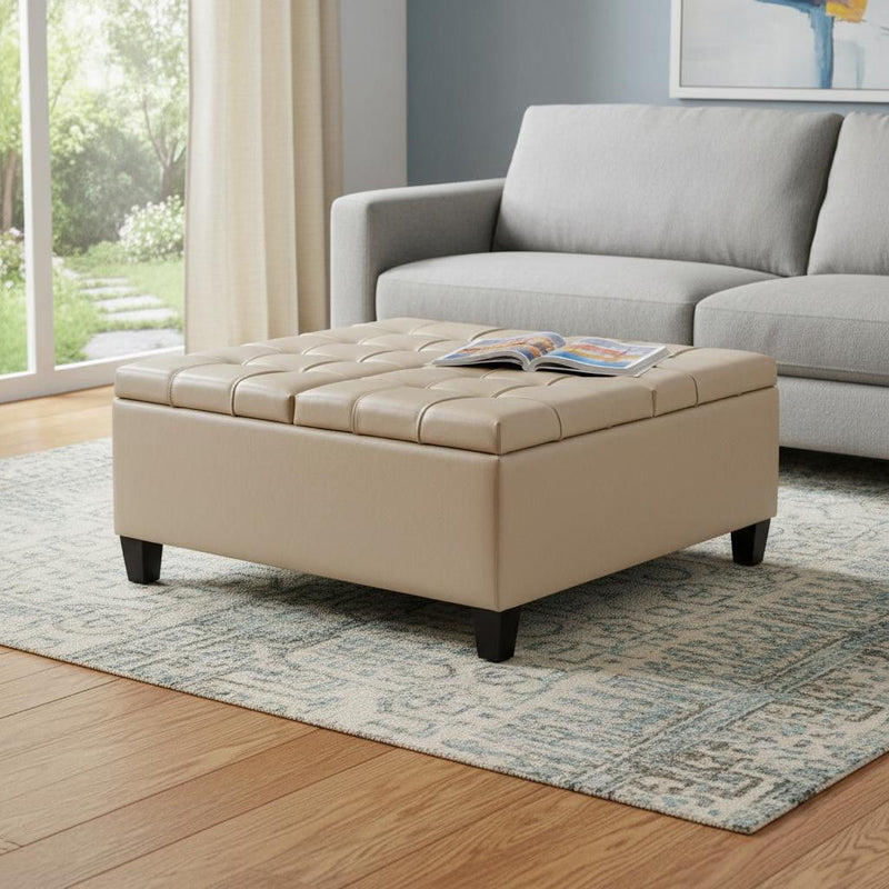 Leather Cocktail Ottoman With Storage - Cream / Espresso