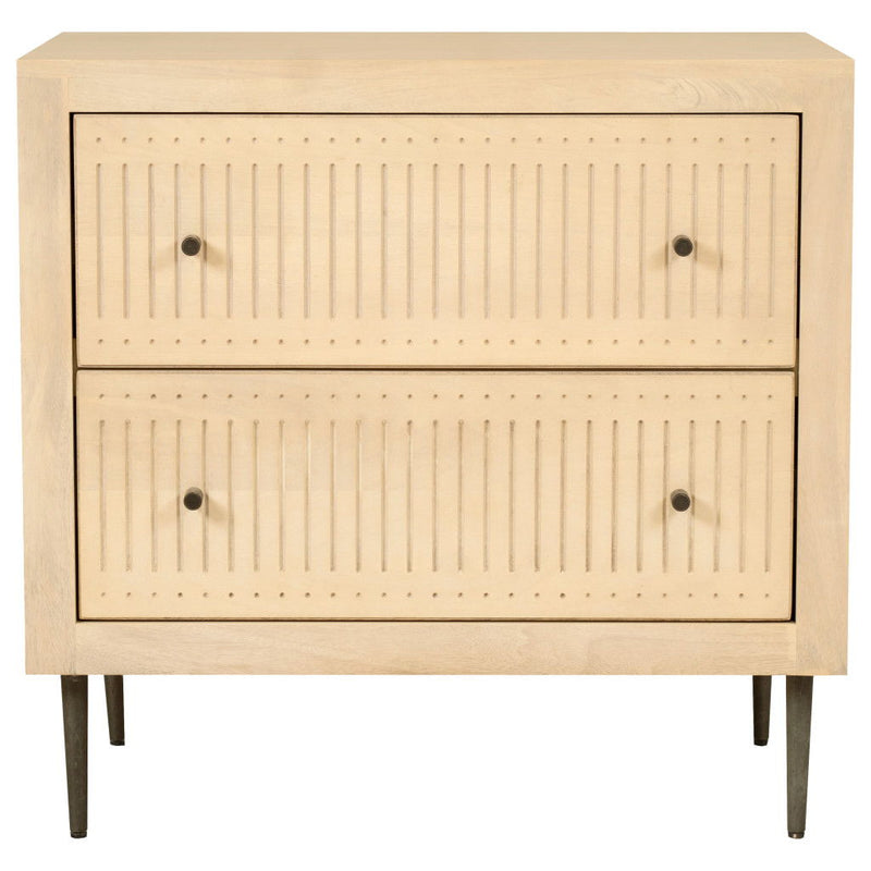 Solid Wood Distressed Carved Geometric Two Drawer Nightstand - Natural