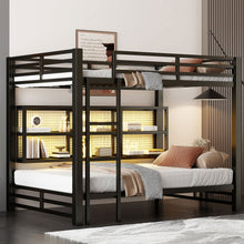 Load image into Gallery viewer, Queen Over Queen Bunk Bed With Storage Cabinets And LED Sturdy Frame, 6 Storage Units, Adjustable LED Lights - Black
