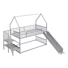 Load image into Gallery viewer, Twin over Twin Metal Bunk Bed House Bed with Slide and Staircase, Silver
