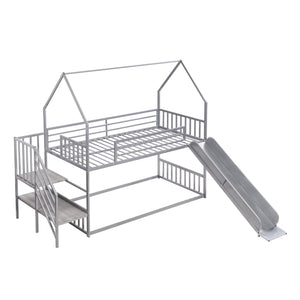 Twin over Twin Metal Bunk Bed House Bed with Slide and Staircase, Silver