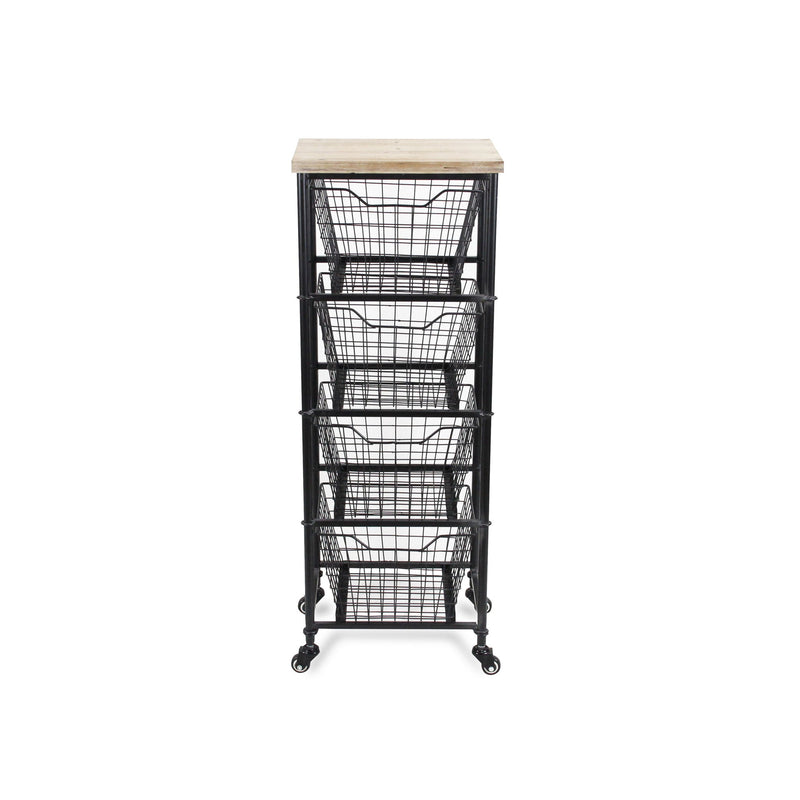 41" Metal And Wood Basket Storage Rolling Cabinet - Black And Natural