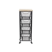 Load image into Gallery viewer, 41" Metal And Wood Basket Storage Rolling Cabinet - Black And Natural
