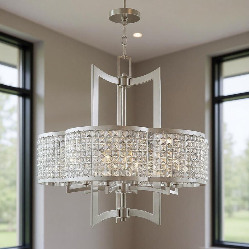 26'' Six Light Dimmable Chandelier With Shades - Nickel