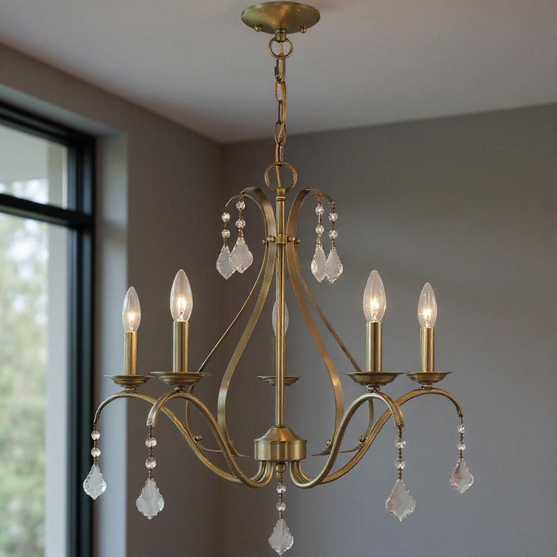 23" Five Light Dimmable Chandelier With Shades - Antiqued Brass