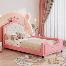 Load image into Gallery viewer, Twin Size Cute Princess Upholstered Daybed Low To The Ground Design With Button Tufted Crown Headboard For Kids - Pink
