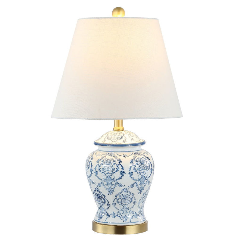 22" Urn Table Lamp With Empire Shade - White / Blue / Gold