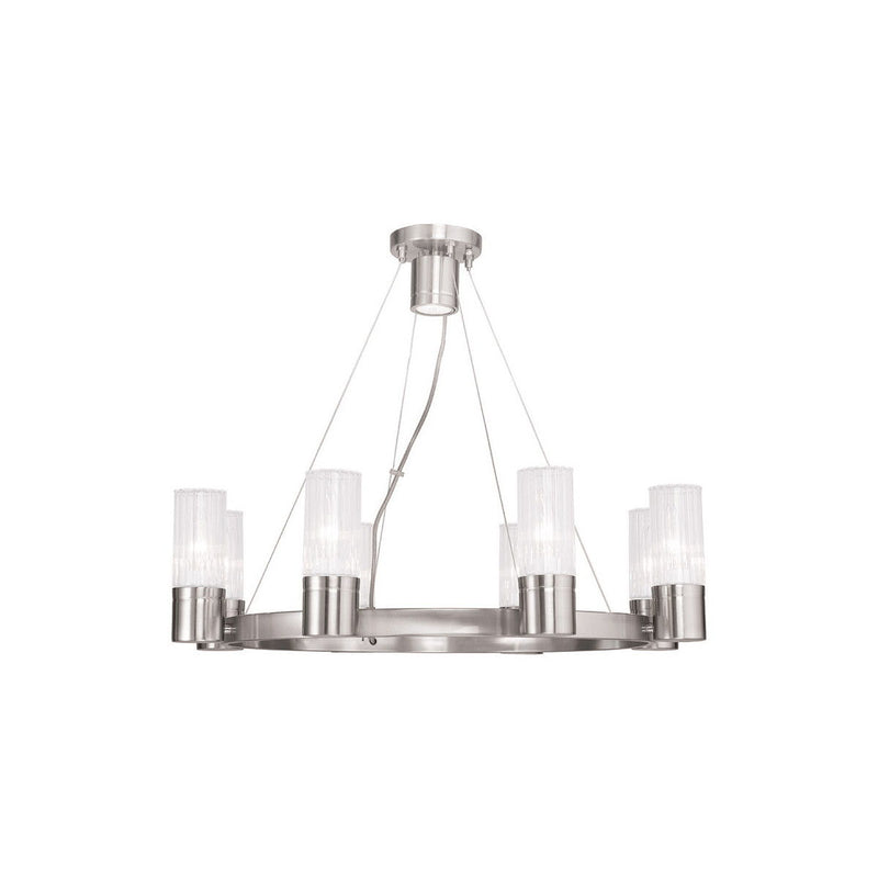 20" Eight Light Metal Dimmable Chandelier With Shades - Nickel / Clear