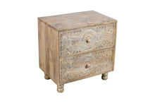 Load image into Gallery viewer, 24" Two Drawer Distressed Carved Floral Solid Wood Nightstand - Natural
