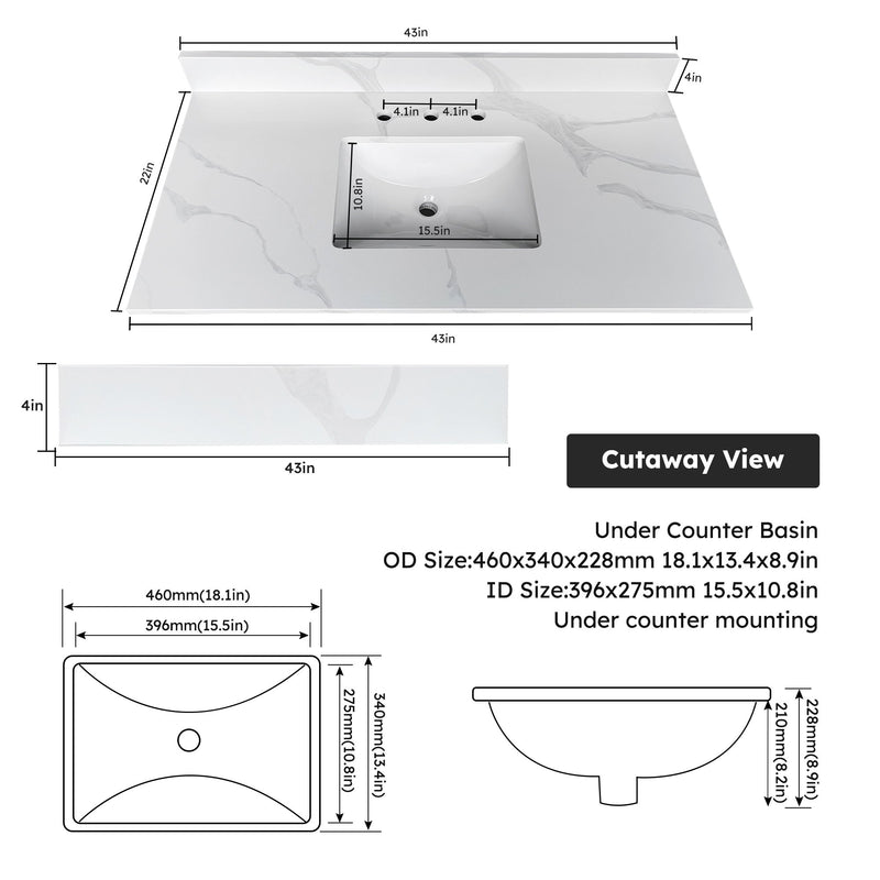 Bathroom Vanity Top With Undermount Sink, 3 Pre Drilled Holes