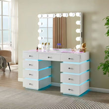 Load image into Gallery viewer, LED Lighted Makeup Vanity Desk With 15 Bulbs Mirror, RGB Light Drawers, 9 Drawers Dressing Table For Bedroom - Gloss White
