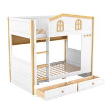 Load image into Gallery viewer, Twin Over Twin Bunk Bed With House Shaped Guardrails, Storage Shelves &amp; Drawers - White / Natural
