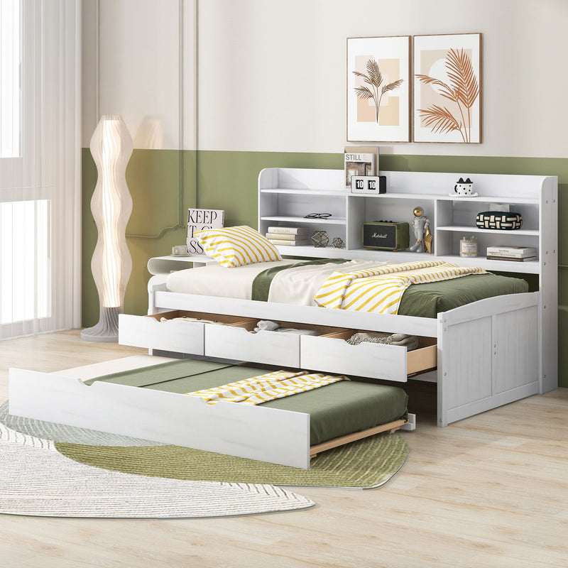 Captain Bed With Built In Bookshelves, 3 Storage Drawers, And Trundle