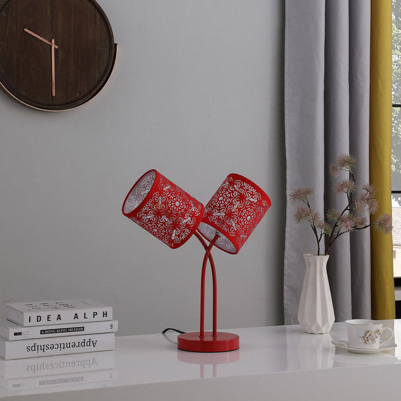 Metal Two Light Table Lamp With Red Abstract Drum Shade - Red