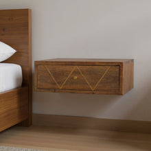 Load image into Gallery viewer, 18" Solid Wood Geometric Brass Inlay One Drawer Floating Nightstand - Brown
