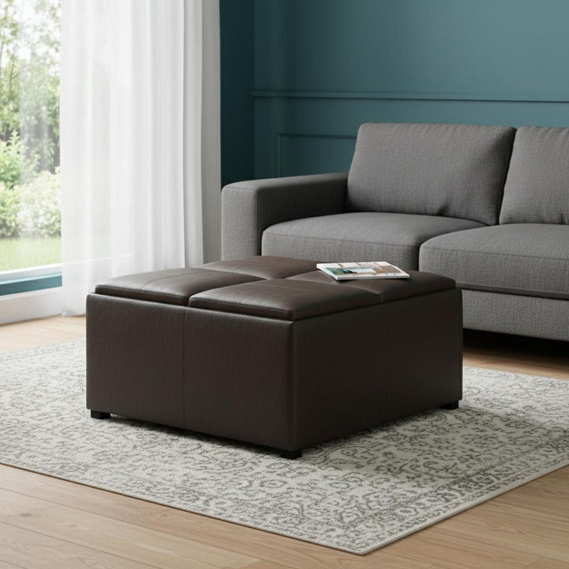 35" Leather Cocktail Ottoman With Storage - Brown