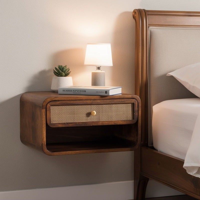 Solid Wood Cane Rattan One Drawer Floating Nightstand - Chestnut / Natural