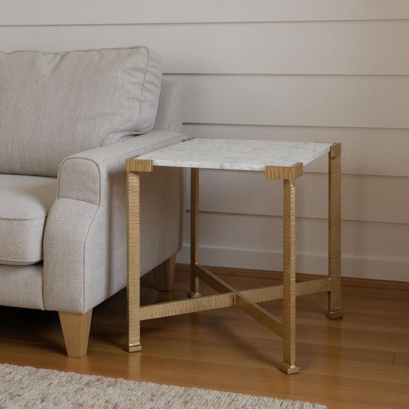 20" Distressed Marble And Iron Square End Table - White And Antiqued Gold