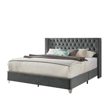 Load image into Gallery viewer, B100S King bed, Button designed Headboard,strong wooden slats + metal legs with Electroplate
