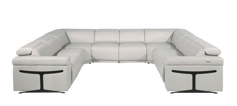 Italian Leather Power Reclining U Shaped Eight Piece Corner Sectional With Console - Light Gray
