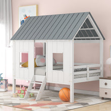Load image into Gallery viewer, Twin Size Low Loft House Bed With Roof And 2 Front Windows - White
