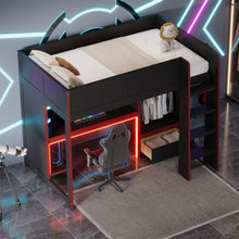 Load image into Gallery viewer, Gaming Loft Bed With Built In Desk, Wardrobe, LED Lighting And Drawer

