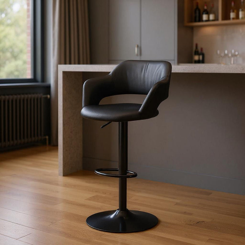 Faux Leather And Metal Low Back Adjustable Height Bar Chair - Black