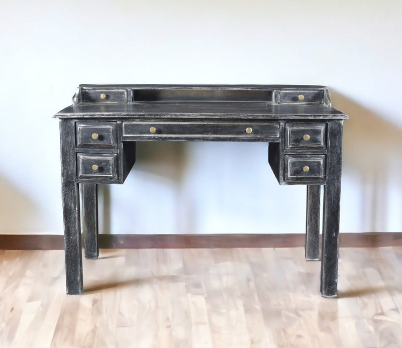 Solid Wood Writing Desk With Seven Drawers - Black