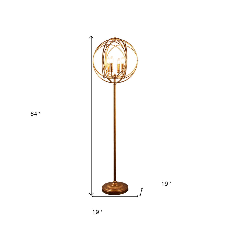 Four Light Floor Lamp With Modern Gold Geometric Globe Shade - Gold