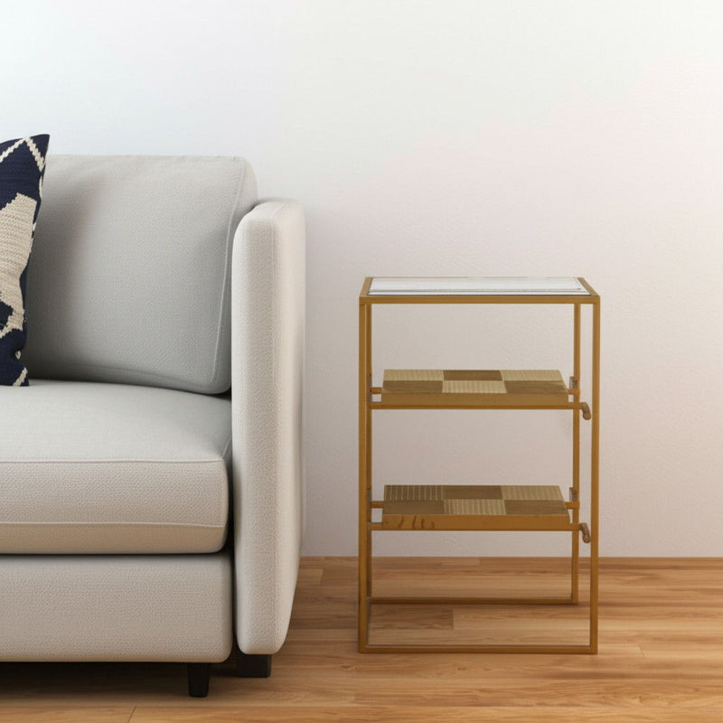 Glass Iron Rectangular End Table With Two Shelves - Brass