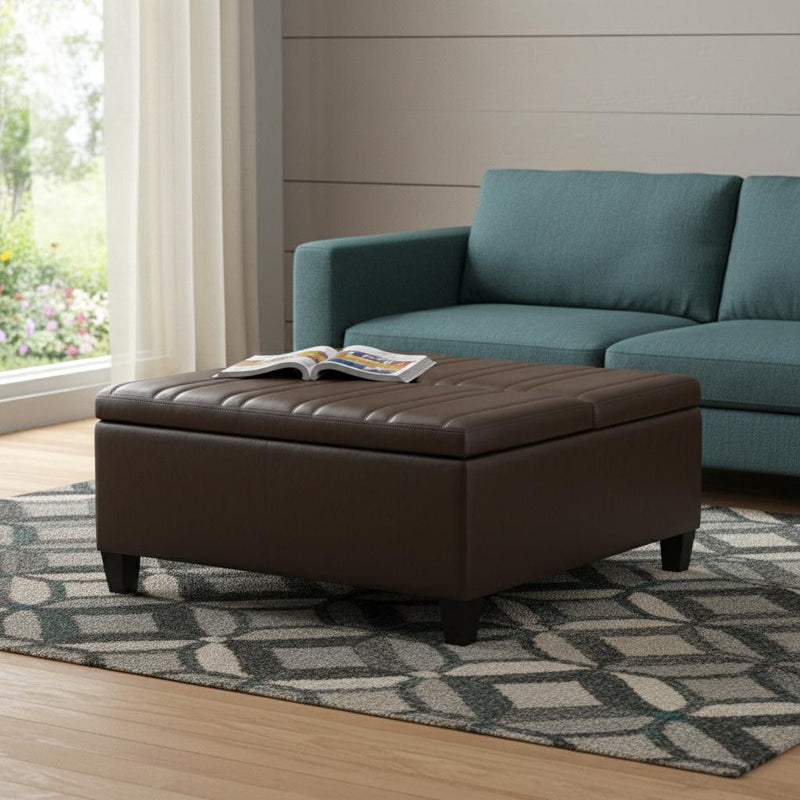 Leather Cocktail Ottoman With Storage - Brown And Espresso