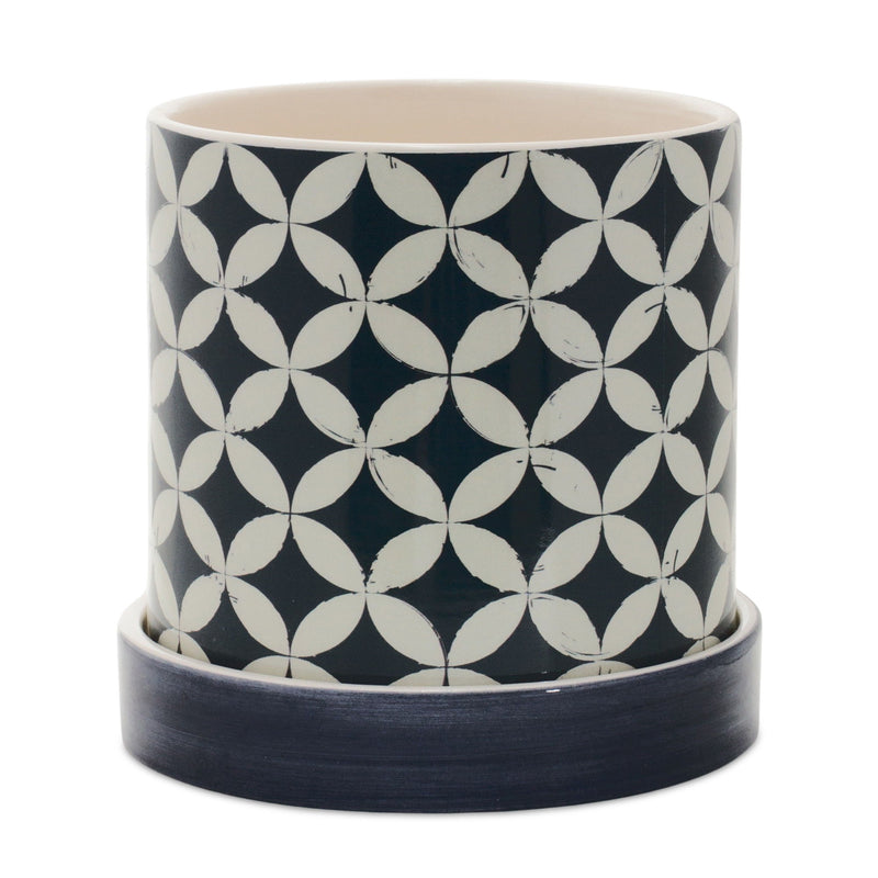 Striped Round Pot Planters (Set of 2) - Blue / White