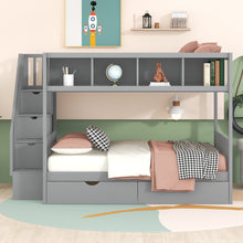 Load image into Gallery viewer, Twin over Full Bunk Bed with Shelfs, Storage Staircase and 2 Drawers, Gray
