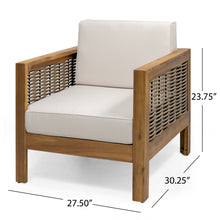 Load image into Gallery viewer, Outdoor Acacia Wood Club Chair with Wicker Accents, Teak Finish + Mixed Brown + Beige, 30.25&quot;D x 27.5&quot;W x 23.75&quot;H
